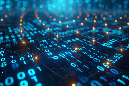 3d render of binary code on blue background. Technology concept.の写真素材