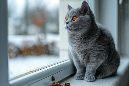 Beautiful gray cat sitting on the windowsill and looking out the window