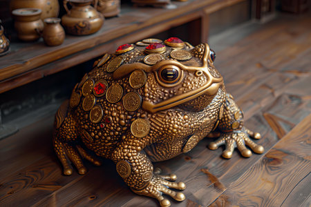 Frog on the background of ceramic pottery.