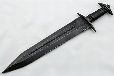 A closeup shot of a black knife isolated on a white background