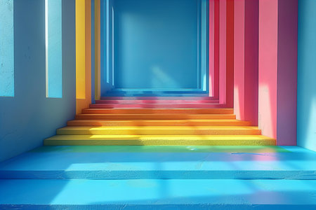 3d render of colorful stairs in empty room, abstract background.の写真素材