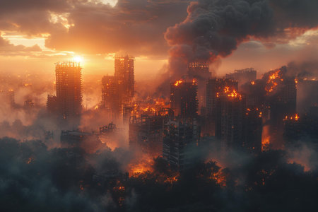 Fog and fire in the city at sunset, 3d renderの写真素材