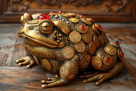 Frog made of gold on a wooden background. Close-up.の写真素材