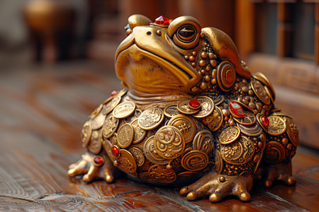 Golden frog on wooden table, close-up view. Chinese frogの写真素材