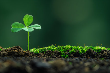 Green plant growing from soil with green bokeh background, Ecology conceptの写真素材