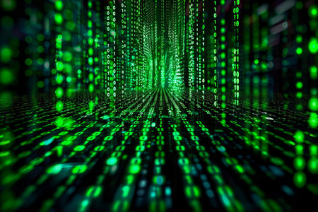 abstract matrix background with green binary code. 3d render illustration