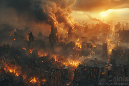Aerial view of the burning city at sunset. 3D renderingの写真素材