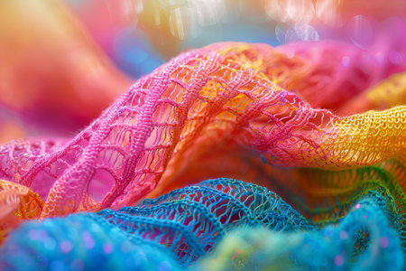 Texture, background, pattern. Women's shawl on a rainbow background. Multicolored lace.の写真素材