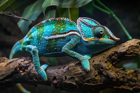Colorful chameleon on a branch. Close-up.
