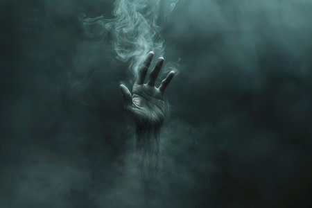 Scary zombie hand with smoke on black background. Halloween concept.