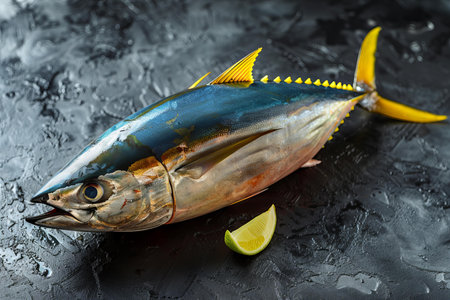Tuna fish with lemon on a black background. Seafood.の写真素材