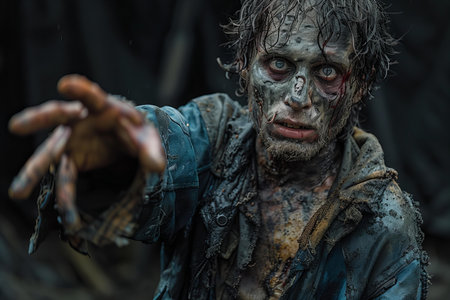 Zombie man in the dark forest. Halloween. Horror film.