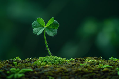 Green clover plant growing on mossy soil with green background.