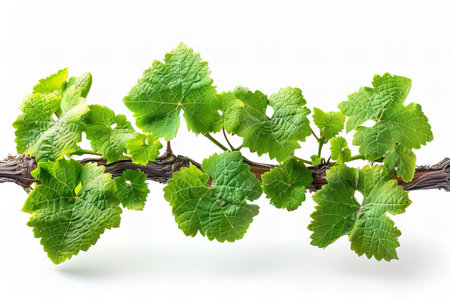 Grapevine branch with green leaves isolated on a white background.の写真素材