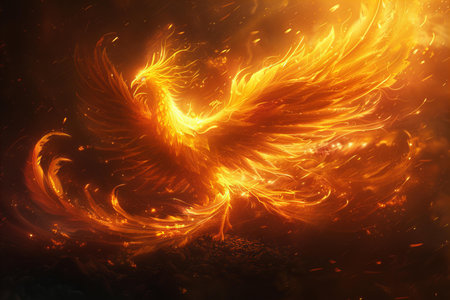 Fiery fire bird with wings on black background. 3D rendering