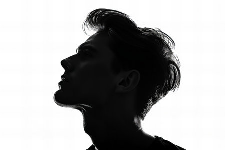 Silhouette of a young man in profile on a white backgroundの写真素材