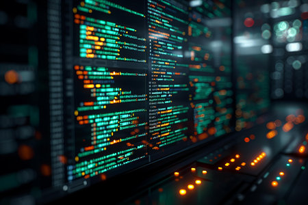 Programming code on computer screen. Software development concept. 3D Rendering