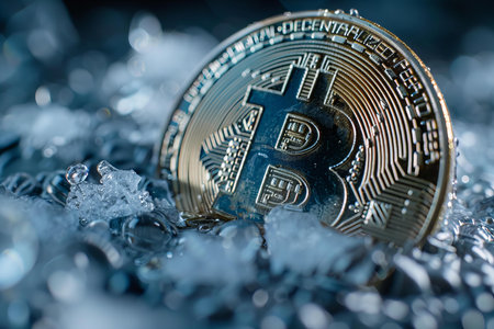 Crypto currency physical gold bitcoin coin on ice. Digital money.の写真素材
