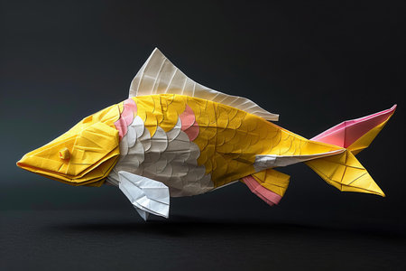 Paper origami fish isolated on black background. 3D illustration.の写真素材