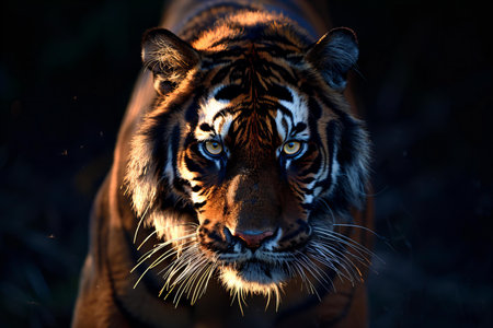 Close-up of a tiger in the wild at sunset light.