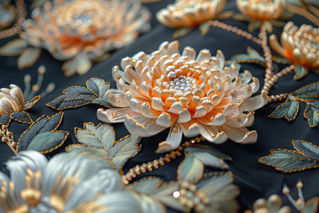 Close up of colorful fabric background with floral motifs, Thailand.