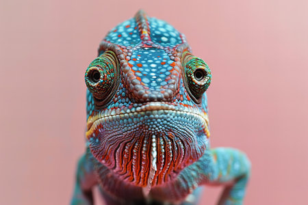 Close up of colorful chameleon, chamaeleo calyptratusの写真素材