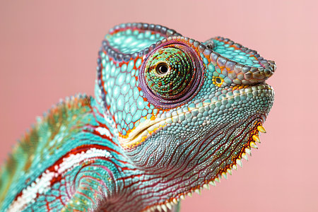 Colorful chameleon on pink background. Close-up.の写真素材