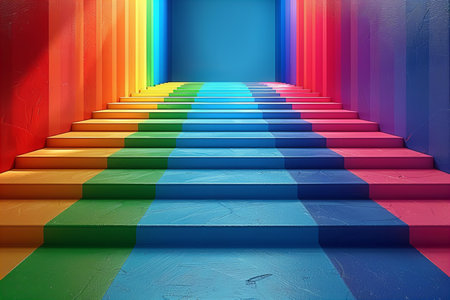 3d render of colorful stairs in a room with rainbow colored wallsの写真素材