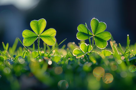 Green clover leaves on green grass with bokeh background.の写真素材