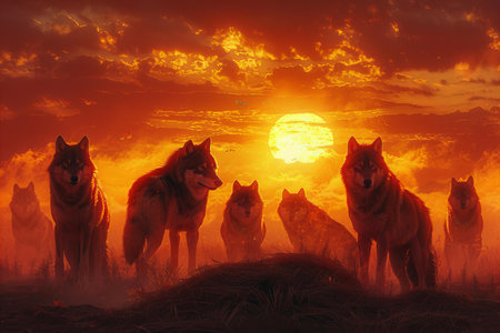 Group of wolves at sunset. 3D rendering. Computer digital drawing.