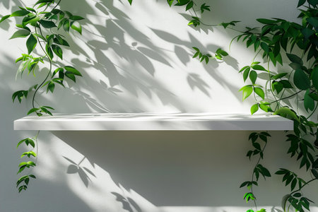 White shelf with plant shadow on white wall. 3D rendering.の写真素材