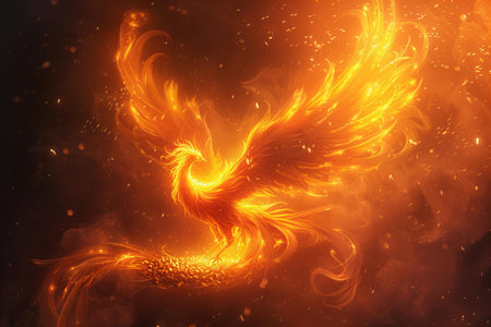 Fiery fire wings on a dark background. 3D rendering.