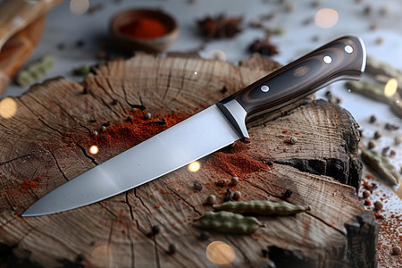 Knife and spices on wooden table, closeup. Cooking concept