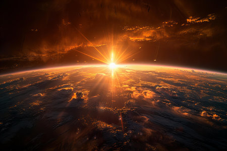 Sunrise over the planet Earth in space. 3D rendering.