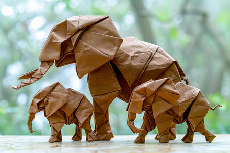Elephant origami made from brown paper on wooden table with nature background