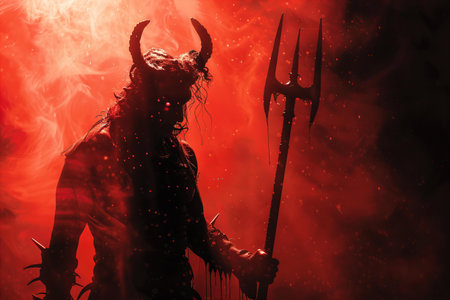 Viking warrior with a spear and horns on a dark background.