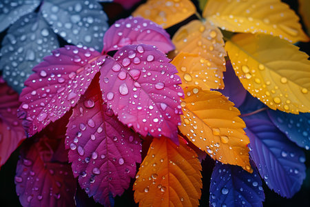 Colorful autumn leaves with drops of dew, close-up