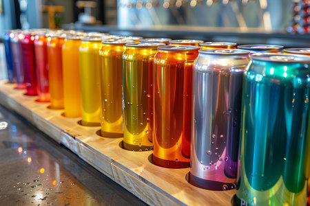 Colorful soda cans on a shelf in a pub or restaurant.
