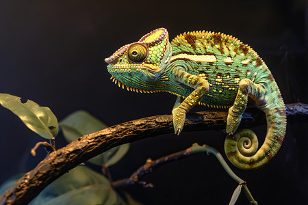 Chameleon on a branch on a black background, close-up
