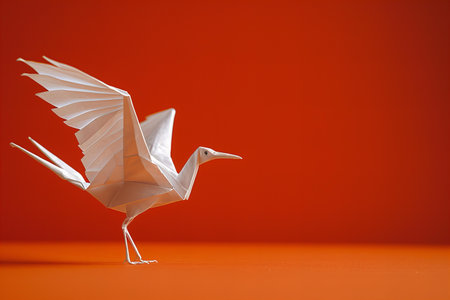 Paper origami bird on a red background. Bird origami.の写真素材