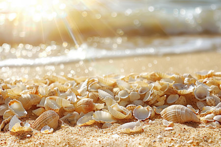 Seashells on the beach with sea wave and sunlight.の写真素材