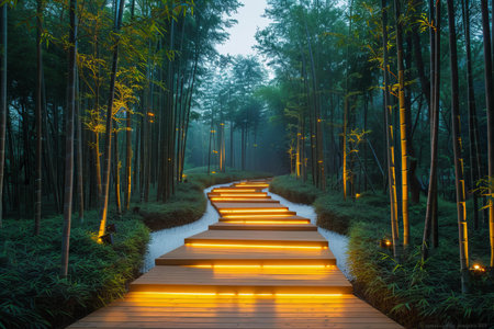 Wooden walkway in the bamboo forest at night with light.の写真素材