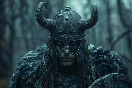 Close-up portrait of a viking warrior in the forest.の写真素材