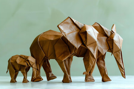 Elephant origami made from brown paper on light green background.の写真素材