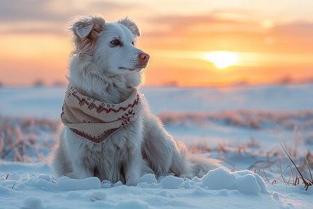 White Swiss Shepherd dog sitting on the snow in winter at sunset.