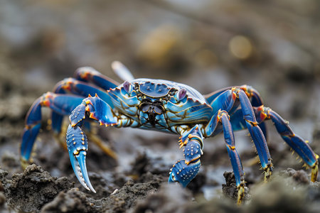 Blue crab on the ground, closeup of photo with shallow depth of fieldの写真素材