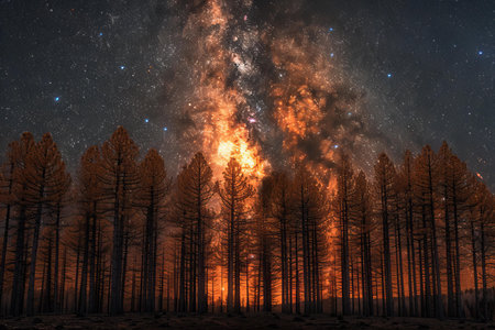 Fiery fire in the night sky. Big fire in the forest.