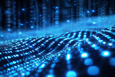 abstract digital technology background with blue glowing particles, 3d illustration