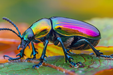 Macro shot of a colorful beetle on a leaf in nature.