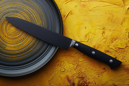 Knife on a plate on a yellow background. Top view.の写真素材
